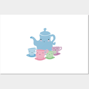 Pastel Mother Teapot and Children Teacups Illustration Posters and Art